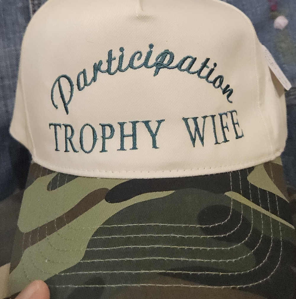 "Participation Trophy Wife" Canvas & Camouflage Trucker Hat.  Snapback Closure